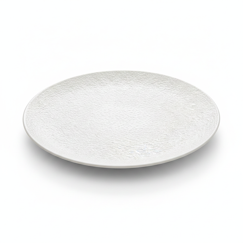 Martellato matte-white hammered-texture ceramic coupe dinner plate on white