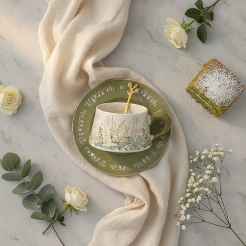 Floral ceramic coffee cup and saucer with gold spoon, overhead flat-lay place setting