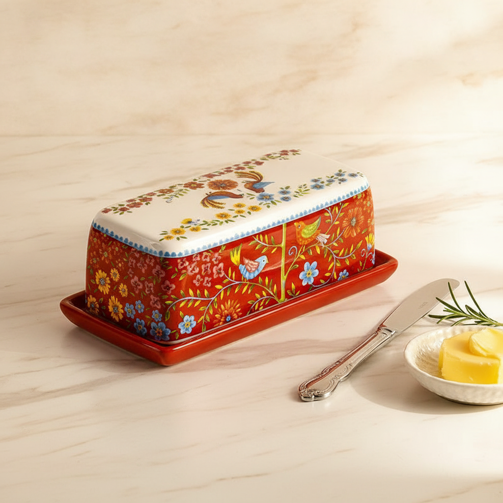 Hand-painted folk-floral ceramic butter dish with lid styled on marble with butter