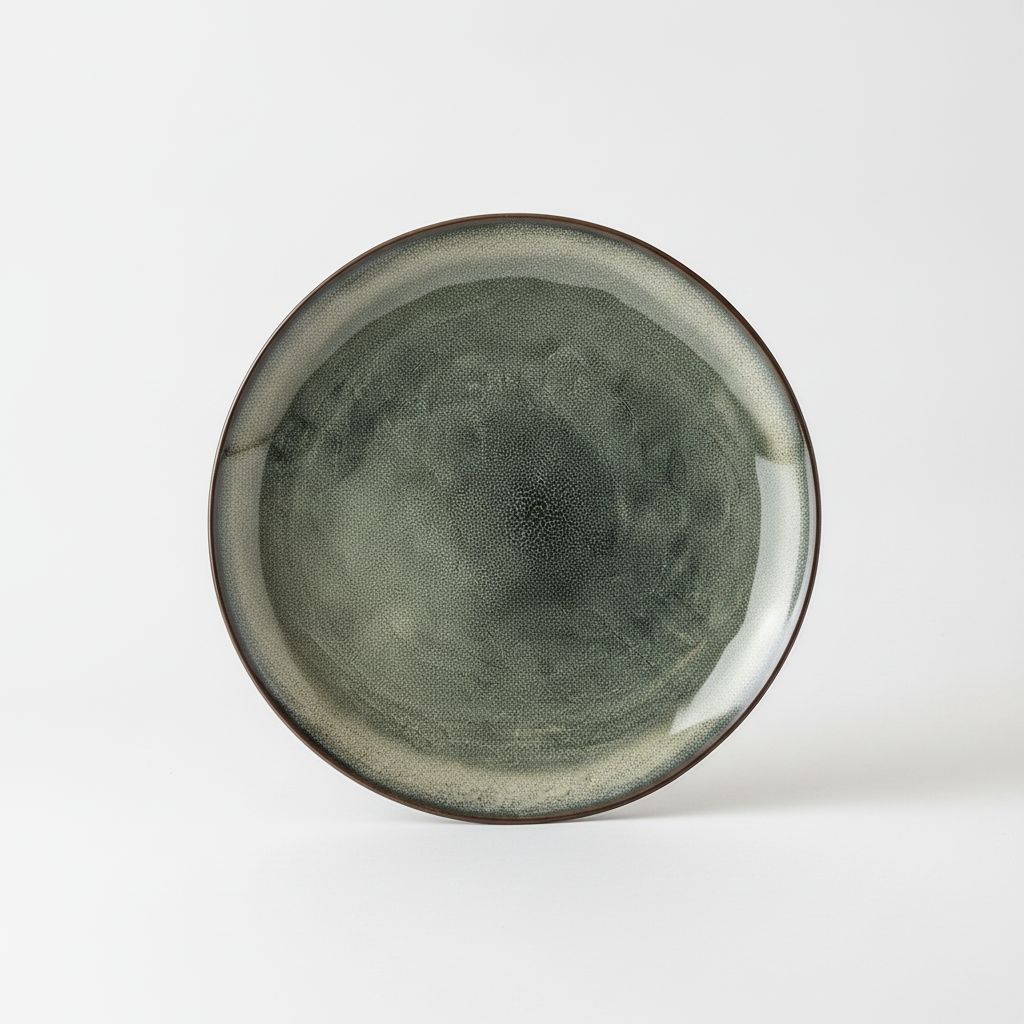 Muschio reactive-glaze ceramic plate in mottled mossy green-grey with dark rim, on white