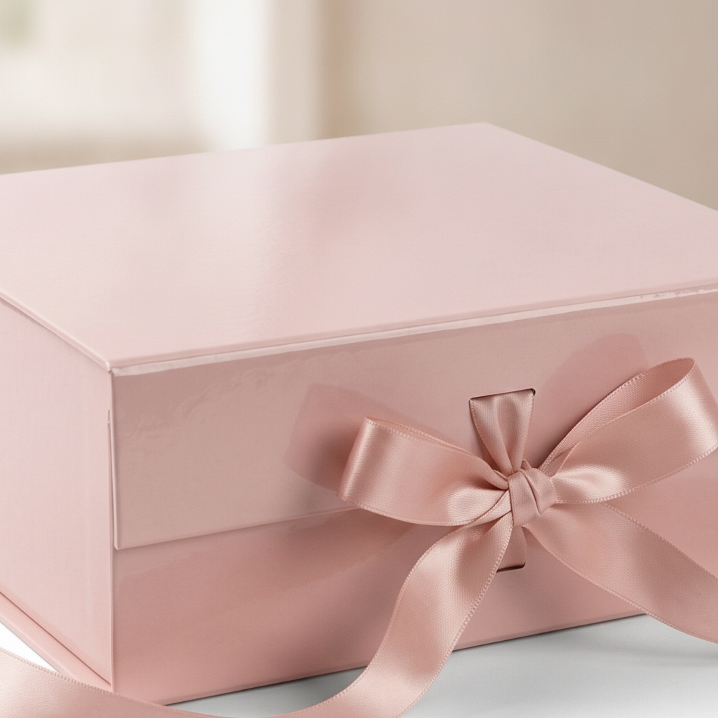 Macro close-up of blush pink magnetic gift box ribbon bow and glossy lid