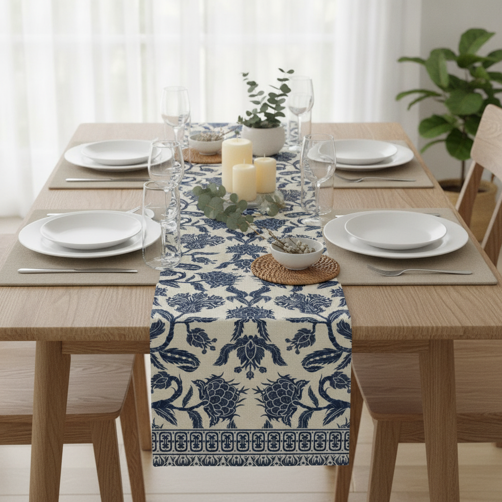 Cream and navy chinoiserie floral table runner styled down a set dining table