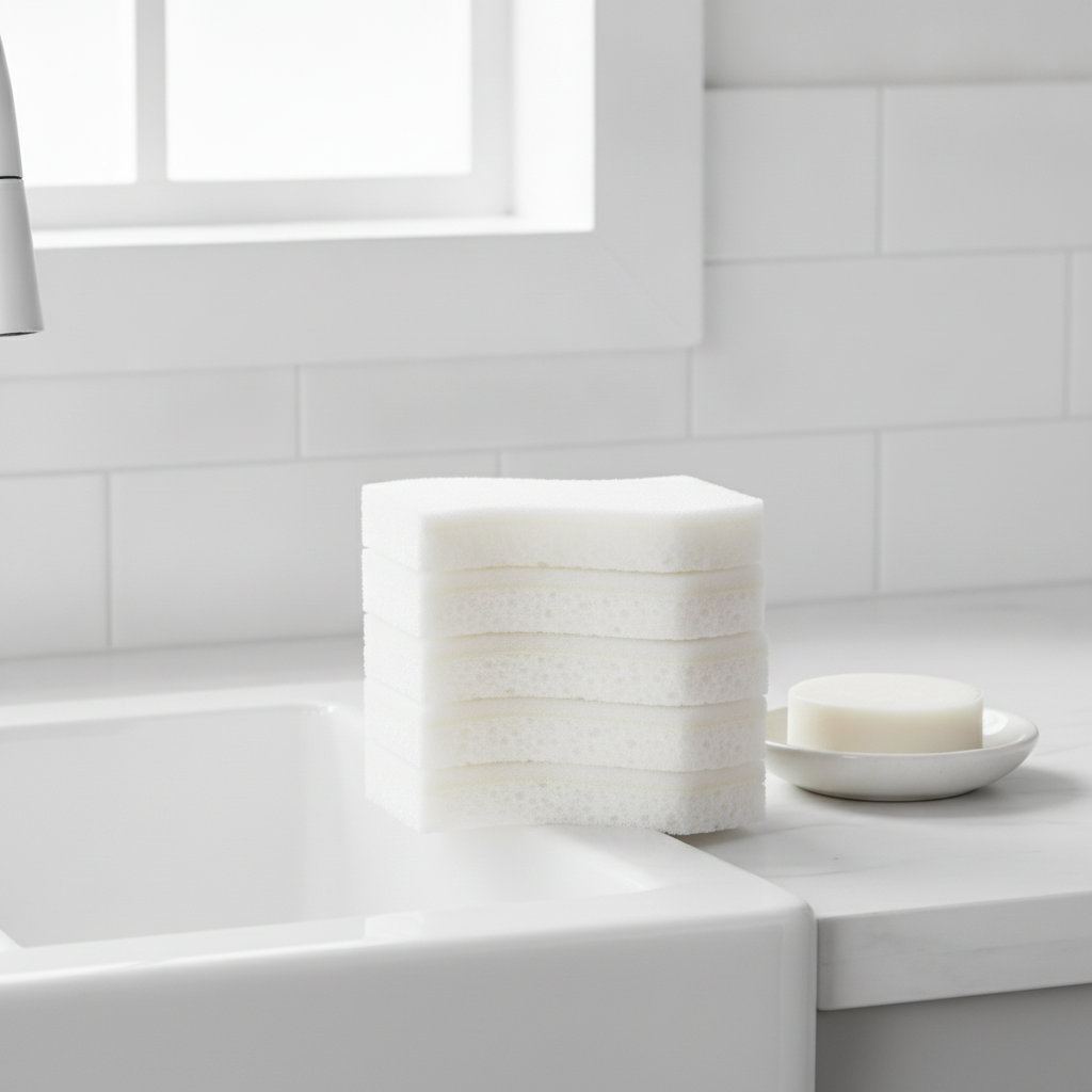 Neat stack of white scrub sponges on the edge of a modern kitchen sink