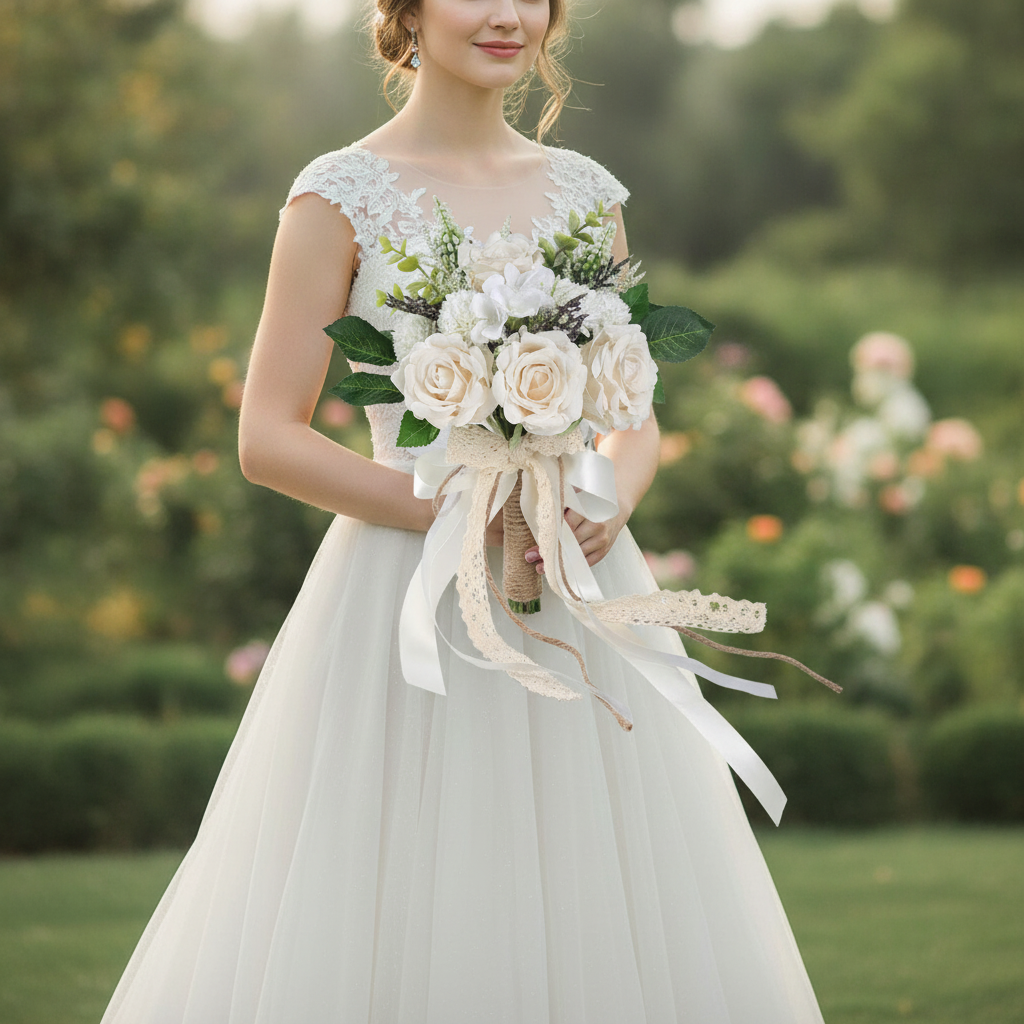 Bride holding the rustic white and champagne rose bridal bouquet