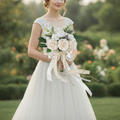 Bride holding the rustic white and champagne rose bridal bouquet