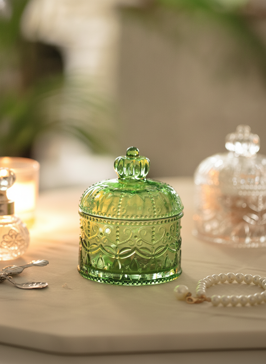 Green crown glass jar styled on a tray with pearls, perfume and a candle