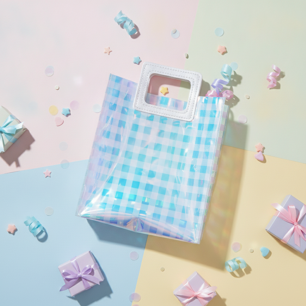 Overhead flat-lay of holographic square-grid gift bag with confetti and gifts