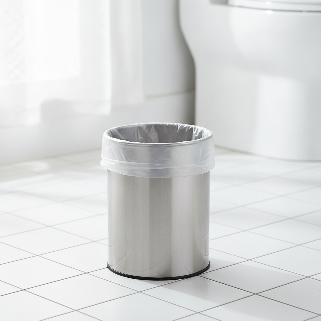 Clear trash bag lining a small stainless bathroom bin — Maison's Kitchen