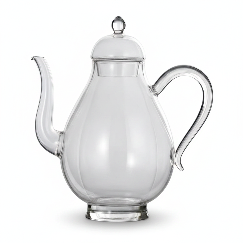 Clear borosilicate glass teapot with domed lid and curved spout on white background