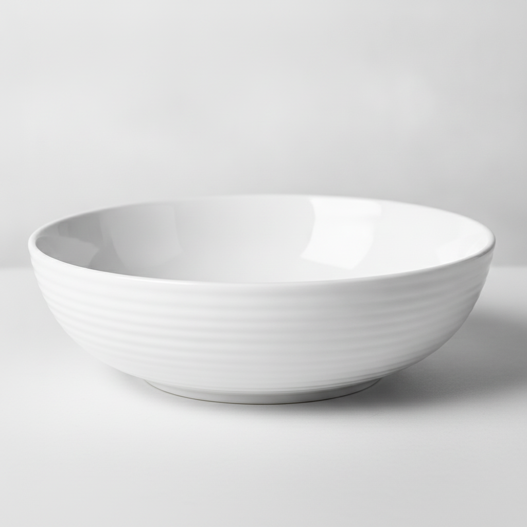 Close-up of the glazed white porcelain and ribbed texture of the pasta bowl