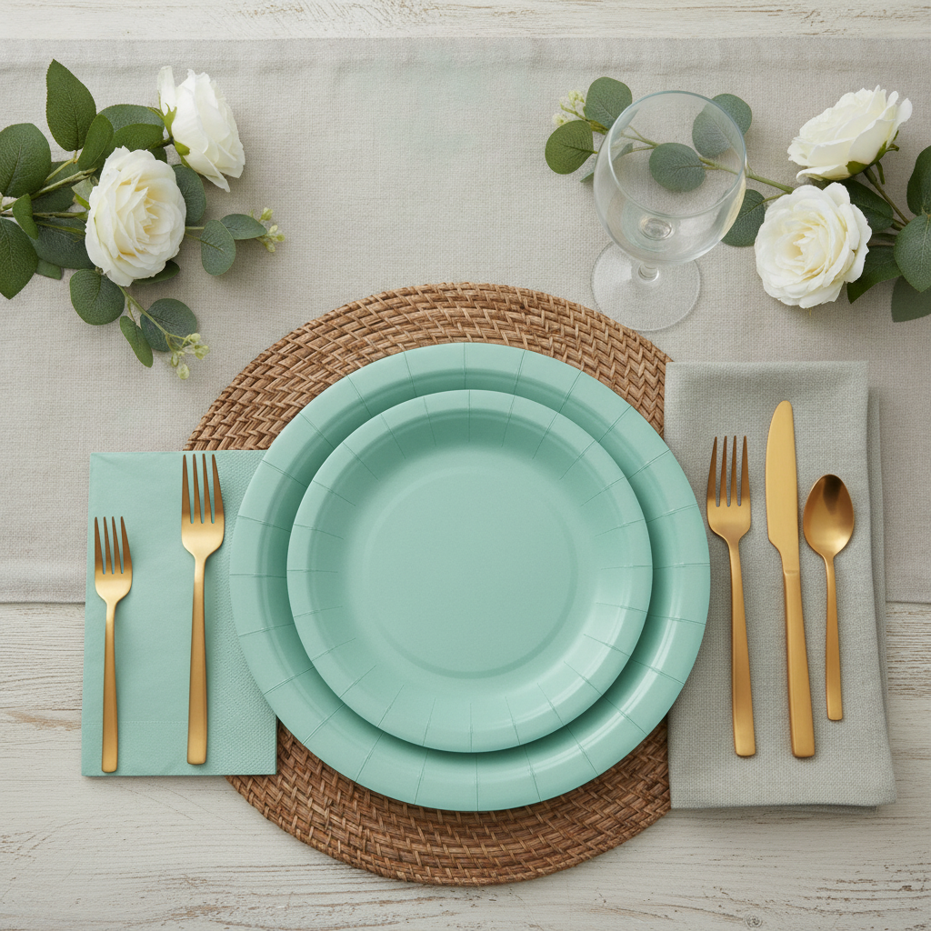 Sage green disposable paper party plates and matching napkins styled on a rattan placemat with gold flatware