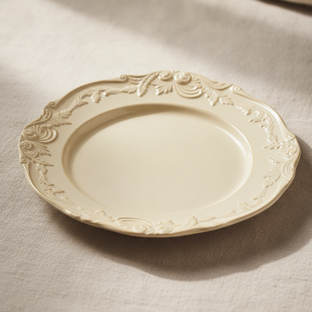 Close-up of raised botanical relief texture on cream embossed ceramic plate rim
