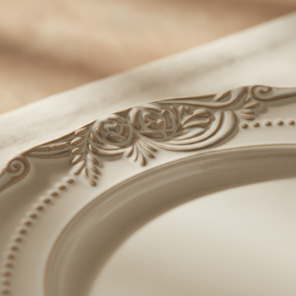 Close-up of raised botanical scrollwork relief on cream ceramic plate rim