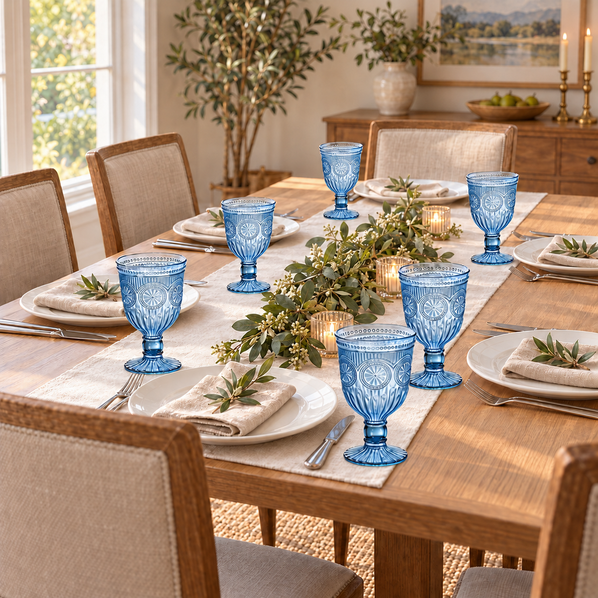 Six smoky blue embossed plastic goblets at a six-person dining table; tableware is styling only