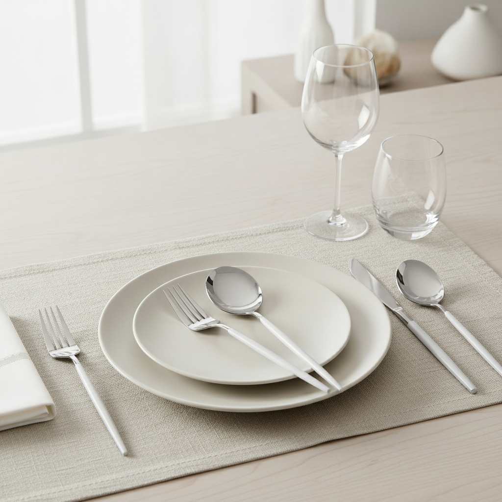Silver and white cutlery in an elegant modern dinner place setting