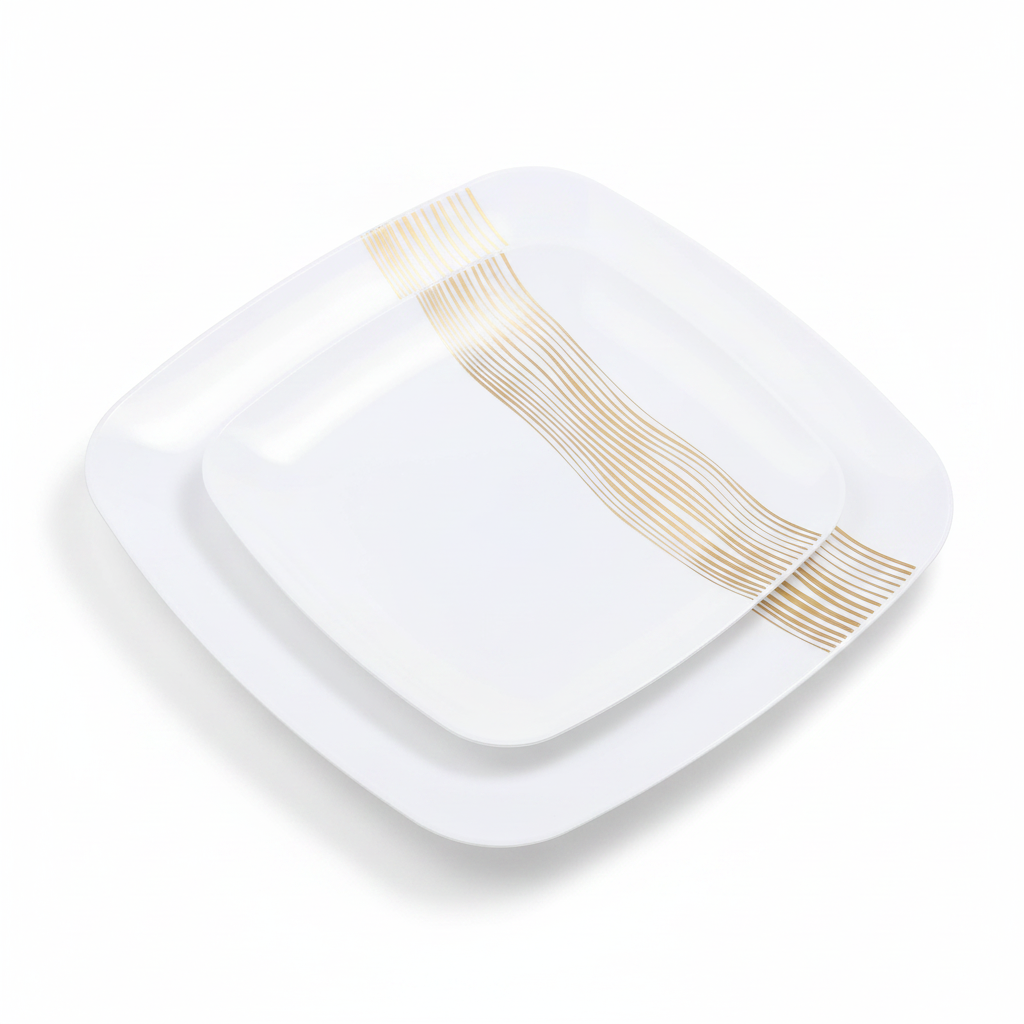 White square and round gold-wavelet disposable plastic plates stacked on a white background