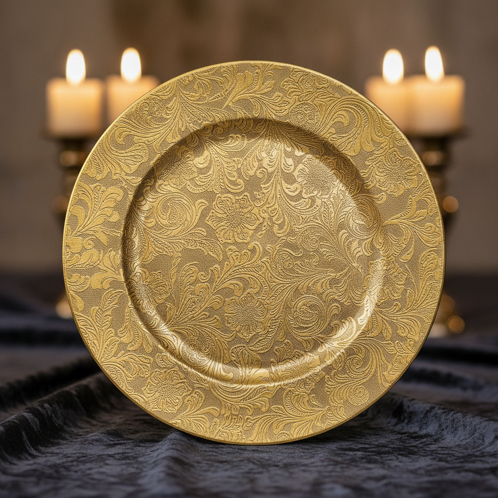 Single gold floral damask charger plate on a dark candlelit table