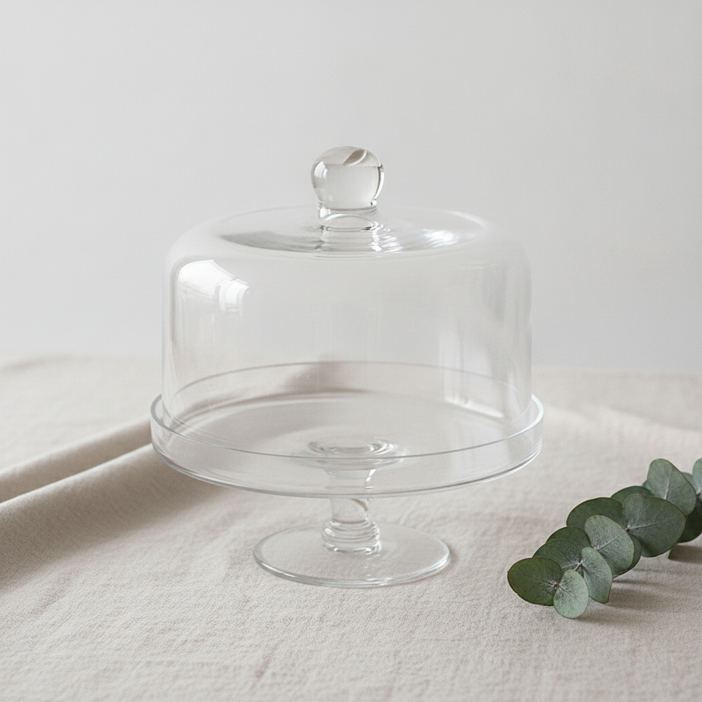 Angled product shot of empty clear glass cake stand with dome on linen