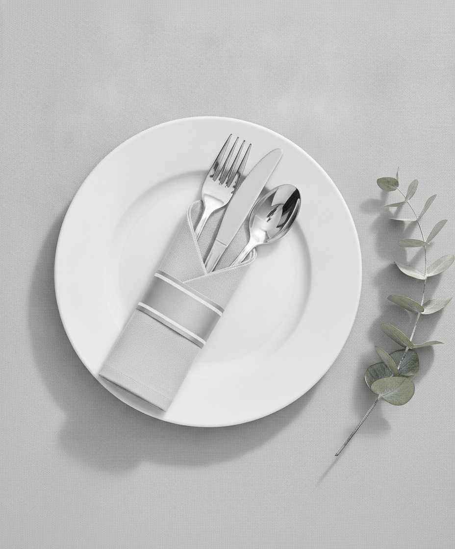 Overhead place setting with a pre-rolled silver cutlery bundle in a white napkin on a white plate