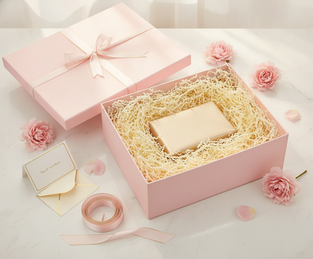 Open pink gift box with paper filler, a wrapped gift and greeting card on marble