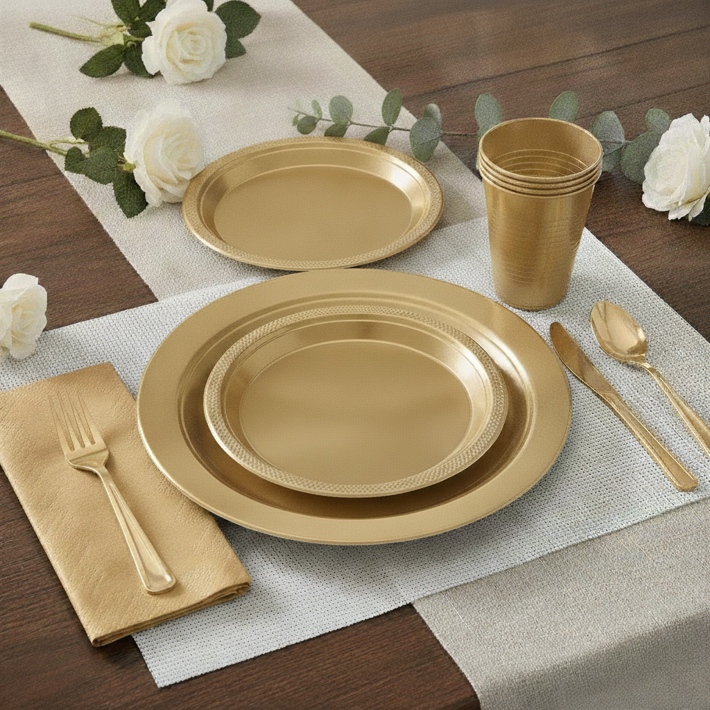 Gold disposable dinnerware place setting — gold plastic plates, fluted cup, plain gold plastic cutlery and a square folded gold napkin