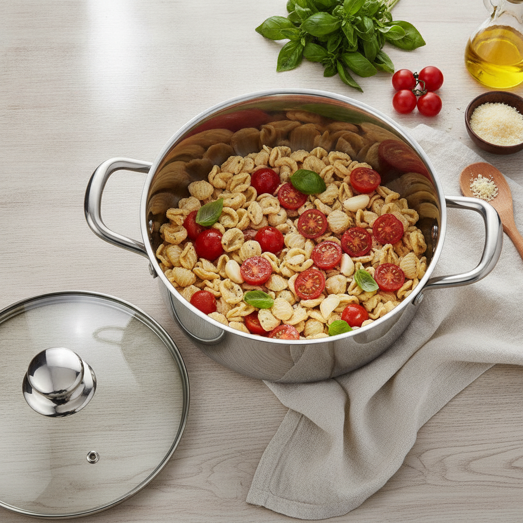 Stainless steel stockpot with pasta and tomatoes and glass lid on a wood table