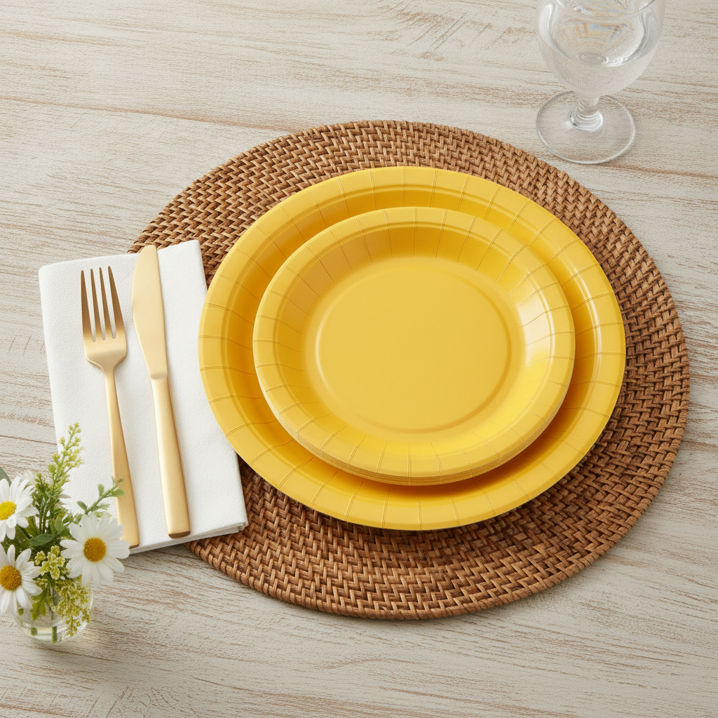Yellow disposable paper plates overhead spring place setting with gold cutlery and daisies