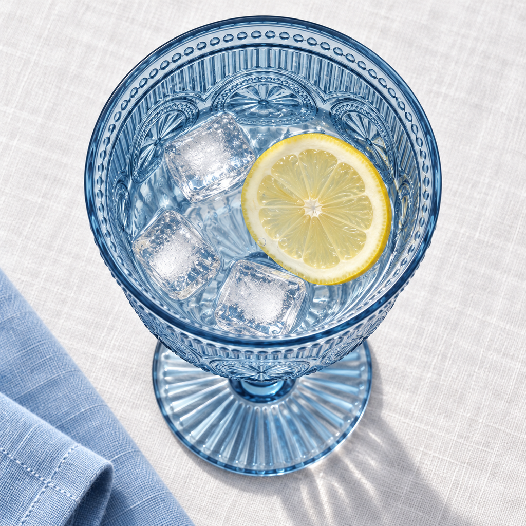 Overhead view into a smoky blue plastic goblet with cold lemon water and ice