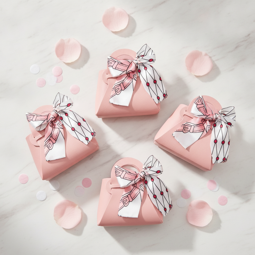 Overhead flat-lay of three pink handbag favor boxes with rose petals