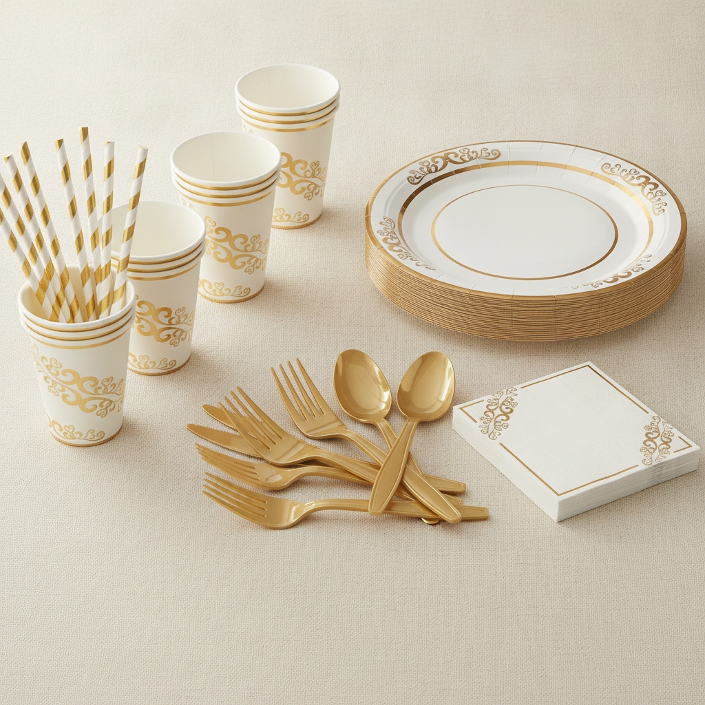 Stacked gold-foil paper plates with cups, napkins, straws and fanned gold cutlery