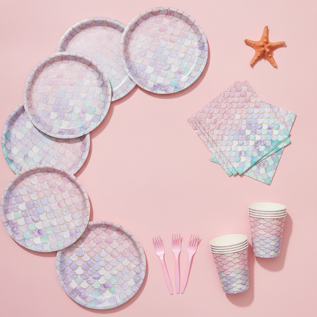 Overhead flat-lay of iridescent mermaid scale paper plates, napkins and cups
