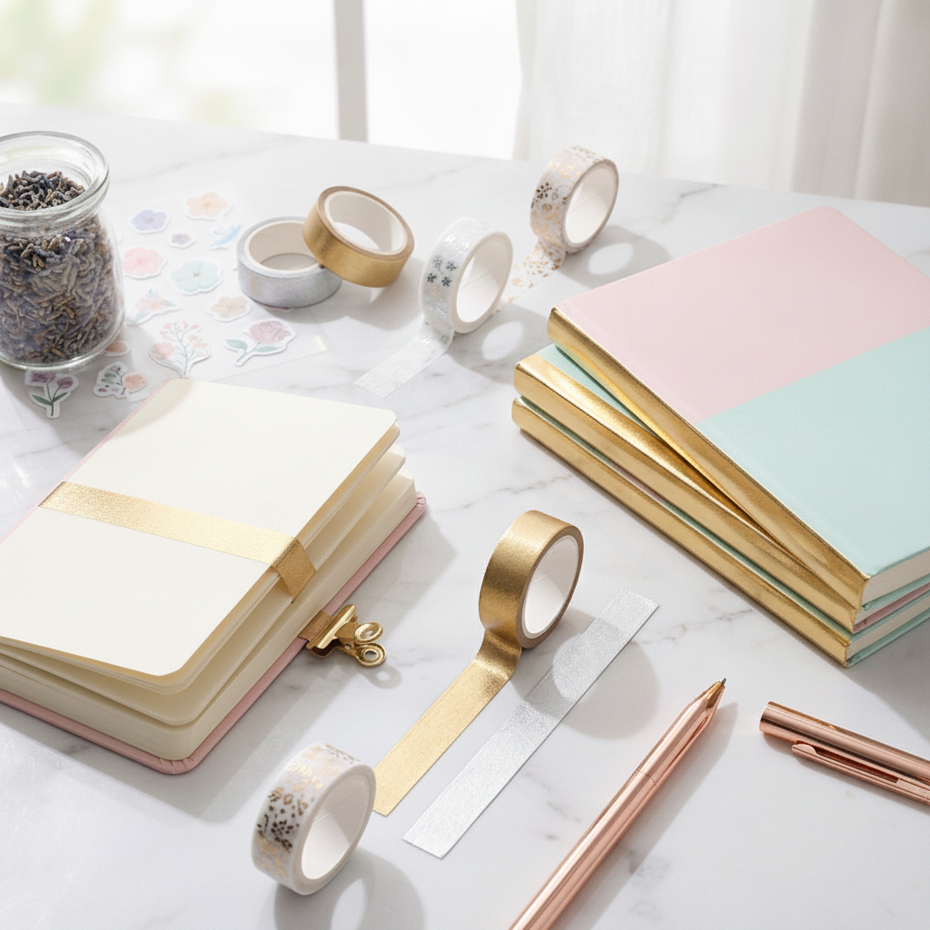 Close-up of gold metallic washi tape roll unrolled on a cream journal page