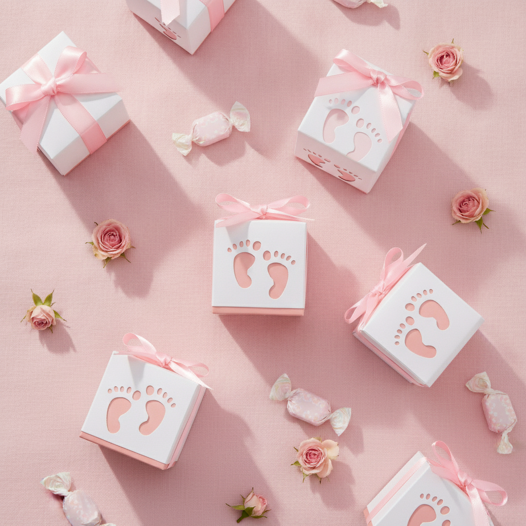 Overhead flat-lay of white baby footprint favor boxes with pink ribbons and candies on pink linen