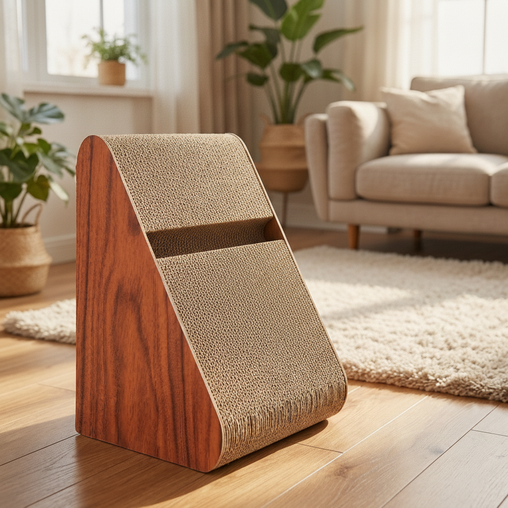 Triangle wood-grain corrugated cardboard cat scratcher in a modern living room