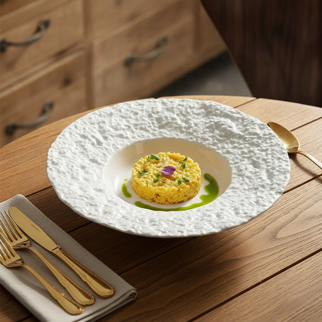 Roccia stone-glaze pasta plate with a fine-dining course plated in the center well