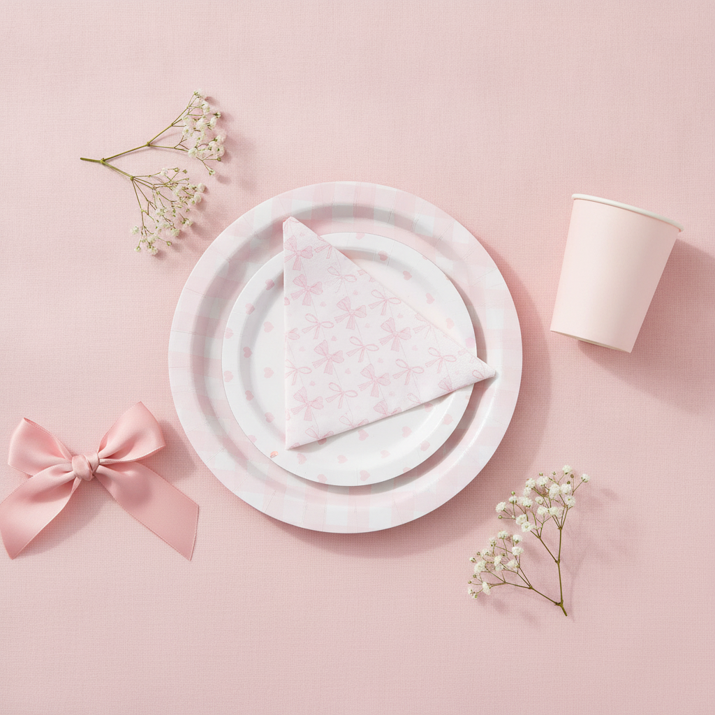 Pink bow coquette birthday table flat-lay with layered paper plates and satin bow