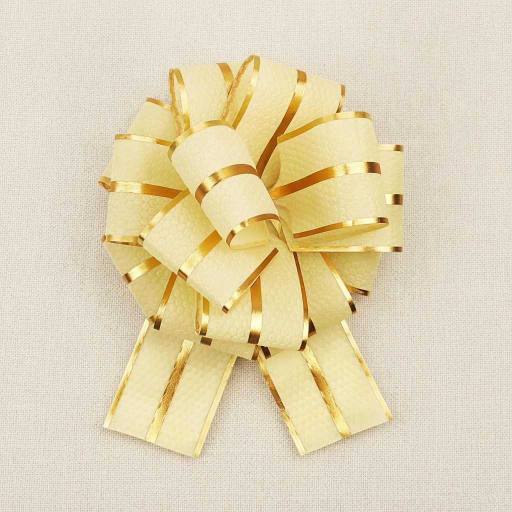 Macro detail of a cream and gold pull bow loops and gold stripe