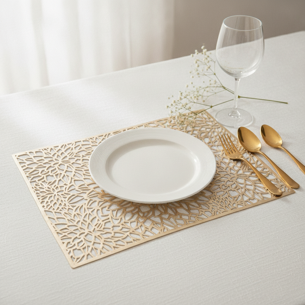 Gold laser-cut botanical placemat as a place setting with white plate, gold flatware and wine glass
