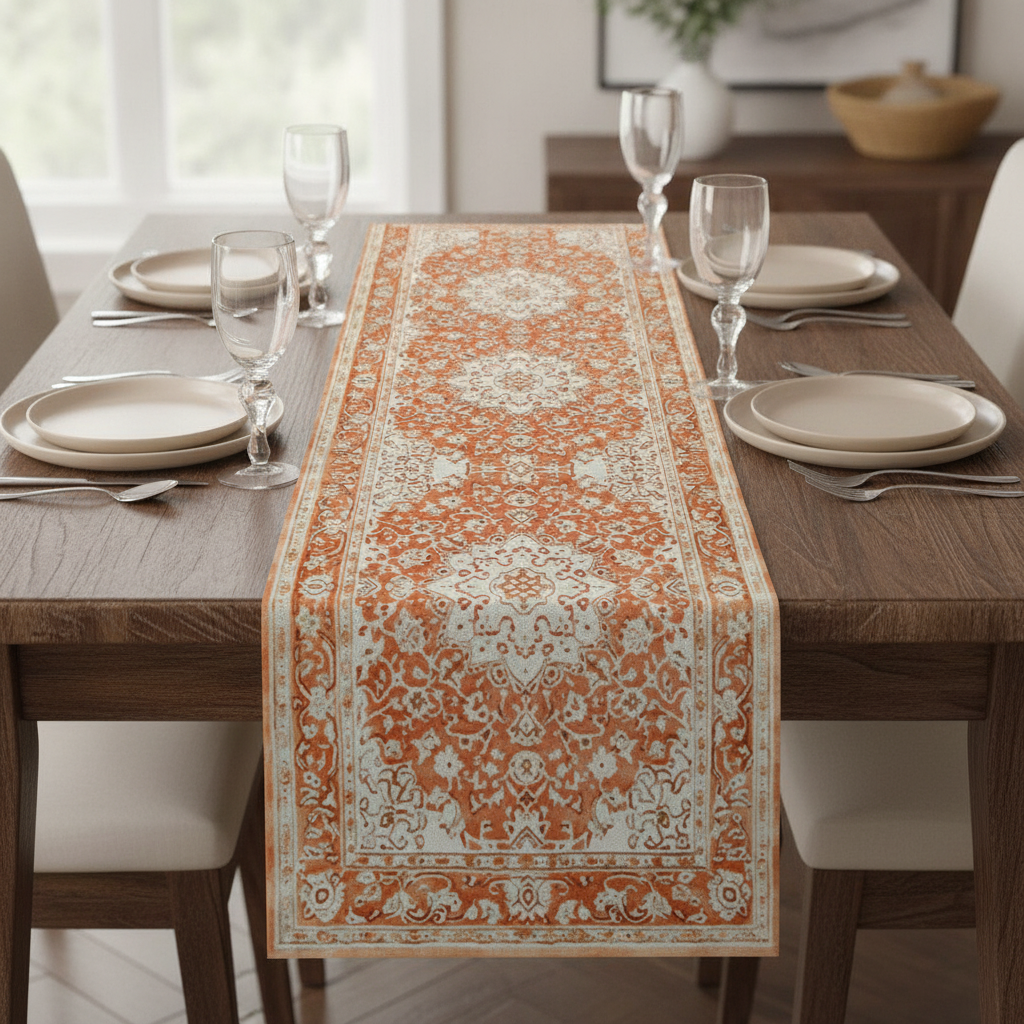 Terracotta medallion table runner running down center of a styled wooden dining table