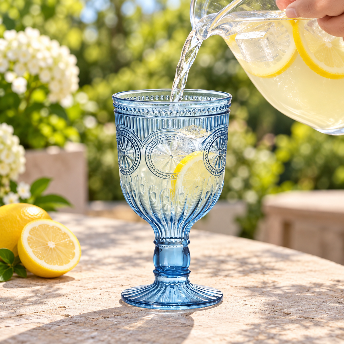Cold lemonade being poured into a smoky blue embossed plastic goblet outdoors; pitcher is styling only