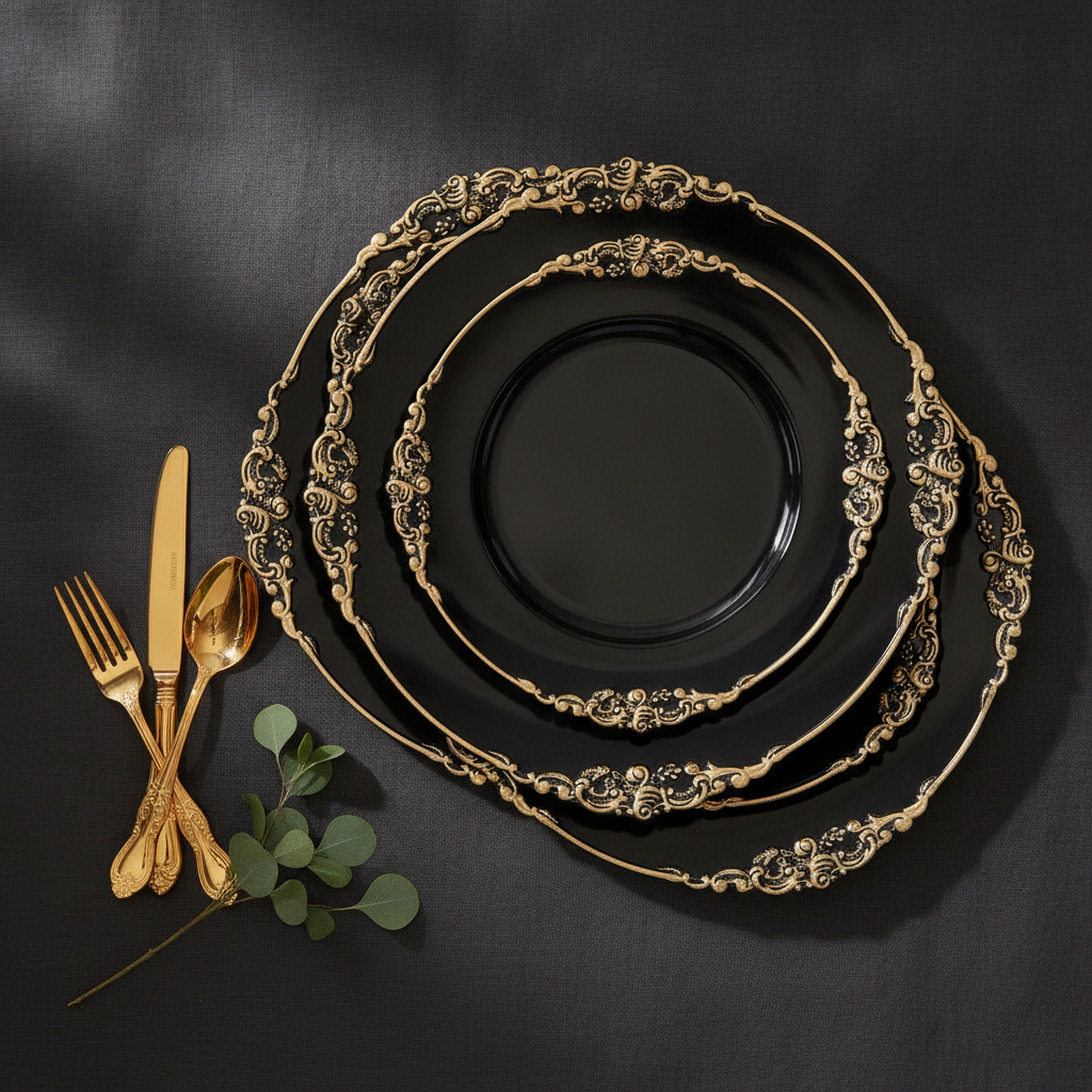 Overhead flat-lay of fanned black charger plates with ornate antique gold rims