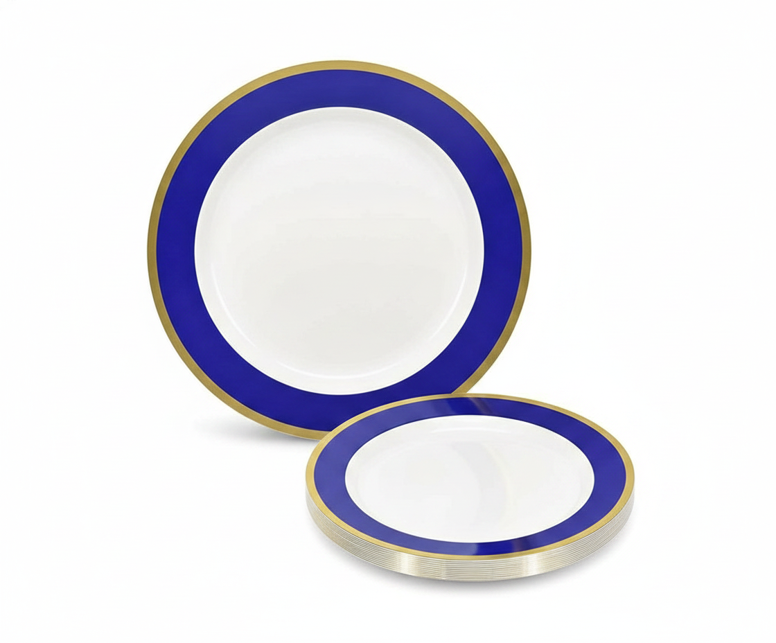 Blue and gold rim party plates fanned on white background