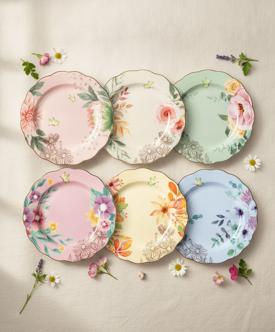 Overhead flat-lay of six scalloped floral porcelain plates with garden flowers