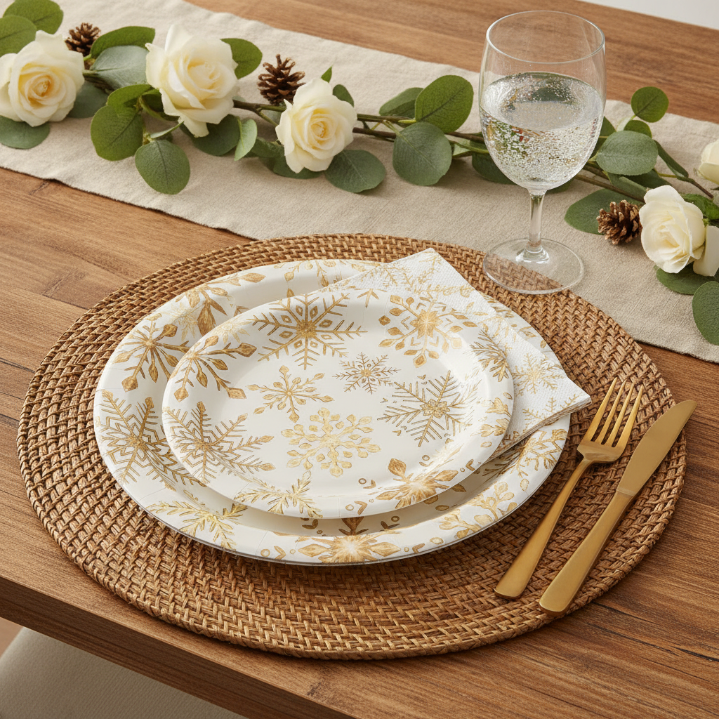 Gold snowflake print disposable paper party plates and napkins styled festive Christmas tablescape