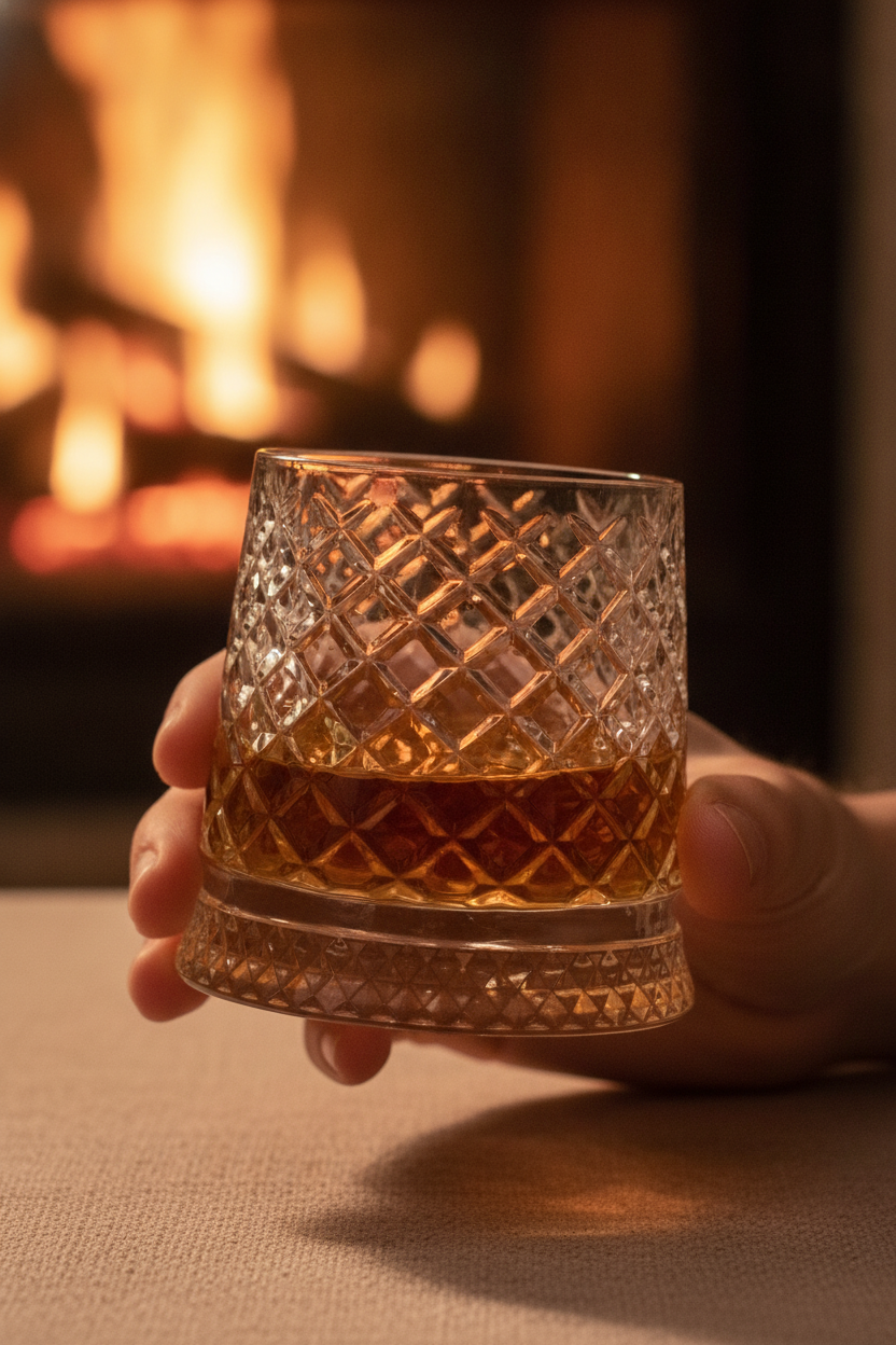 Hand holding the crystal whiskey tumbler filled with whiskey by a fireplace