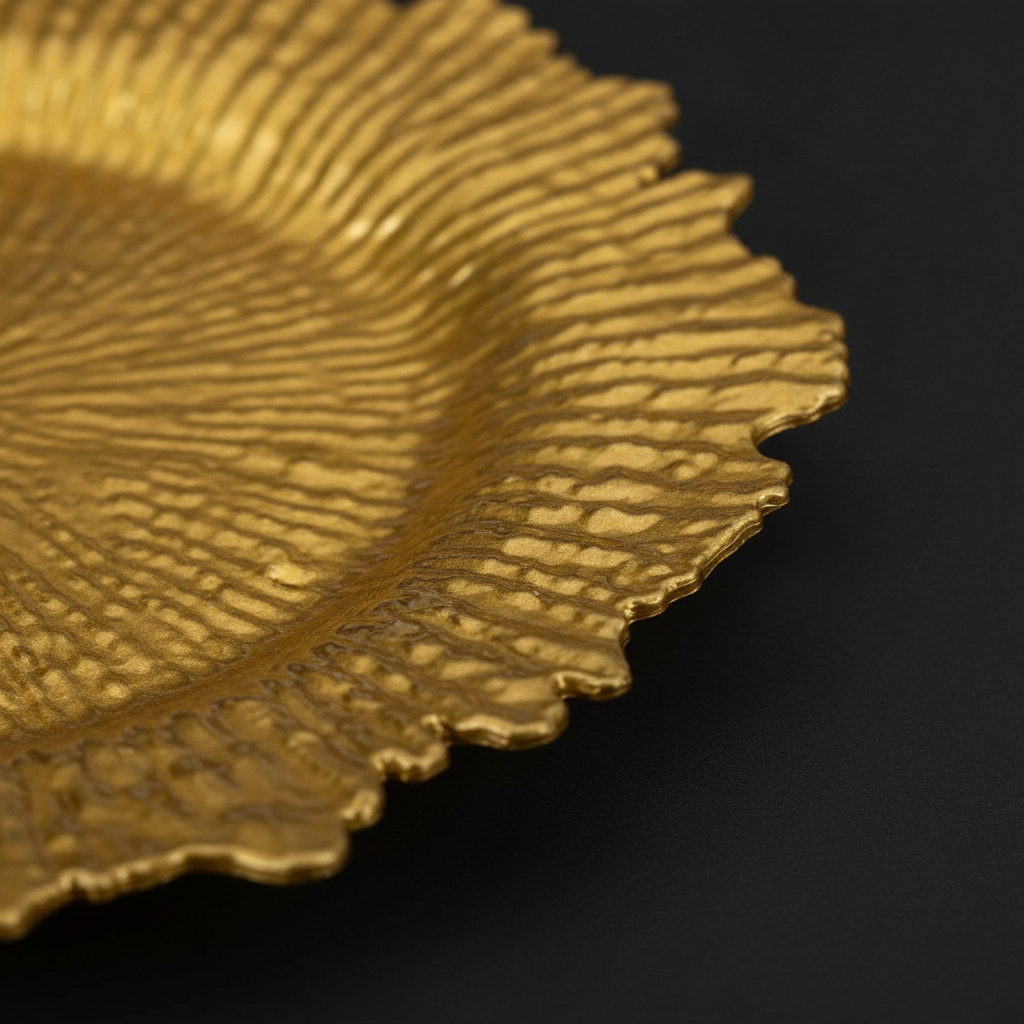 Macro detail of the gold charger's sculptural ruffled reef rim