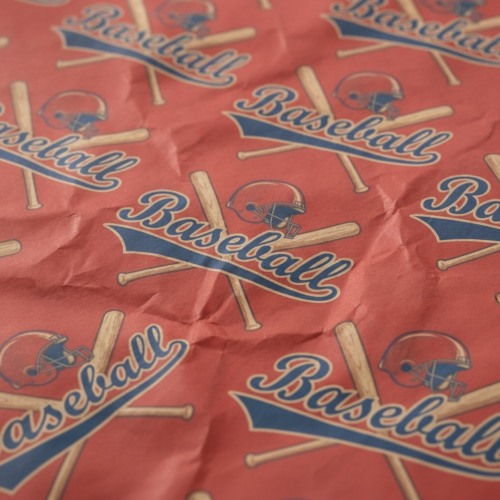 Macro close-up of vintage baseball wrapping paper in red and blue