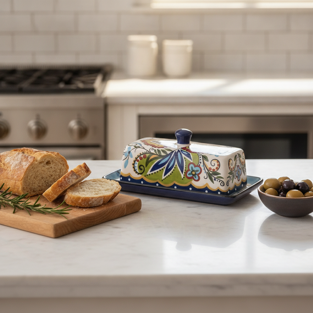 Bohemian floral ceramic butter box on marble with baguette and olives