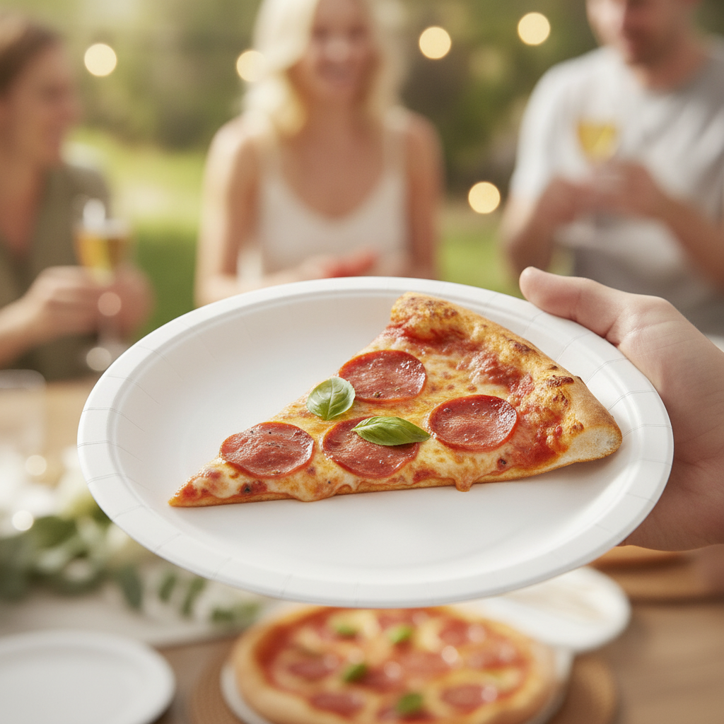Hand holding a white paper plate with pizza at a casual party