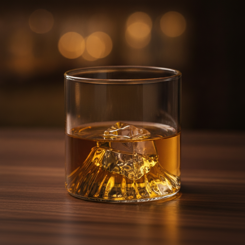 Whiskey poured over ice with the inner Fuji mountain glowing through the amber spirit
